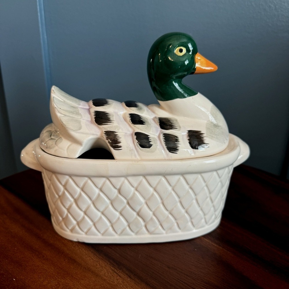 Vintage Duck on a Basket‎ Tureen Ceramic Mallard Cottagecore Farmhouse Japan